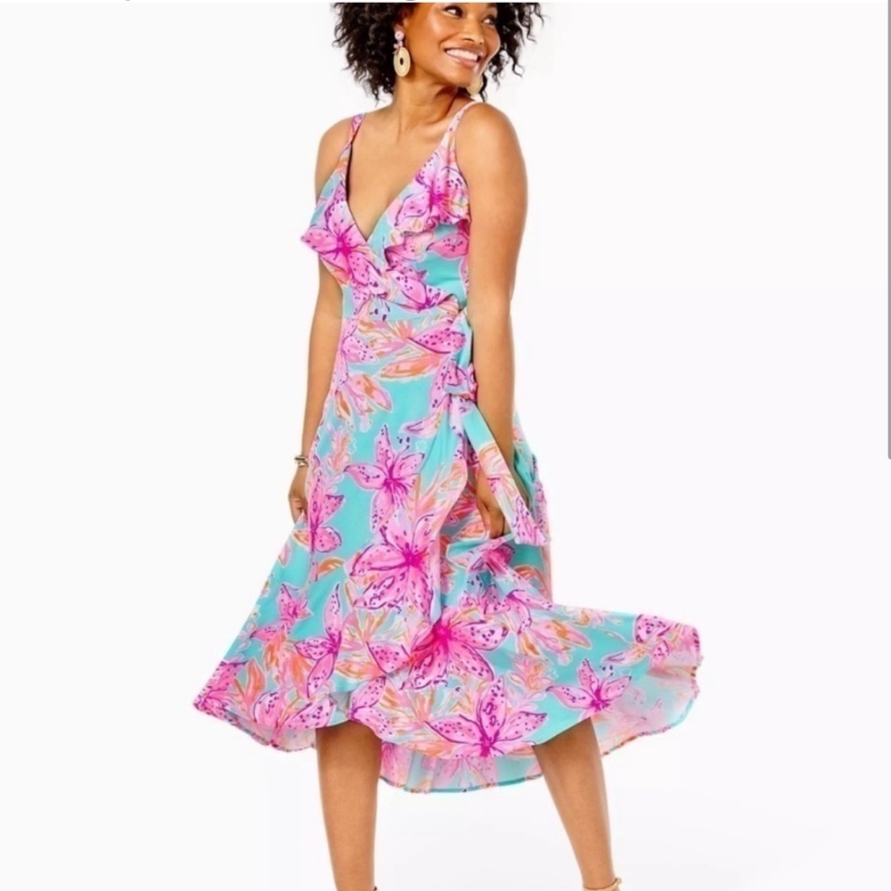 NWT Lilly Pulitzer Fontaine Knee length  Surf Blue Bonita Blooms XL Wrap Dress